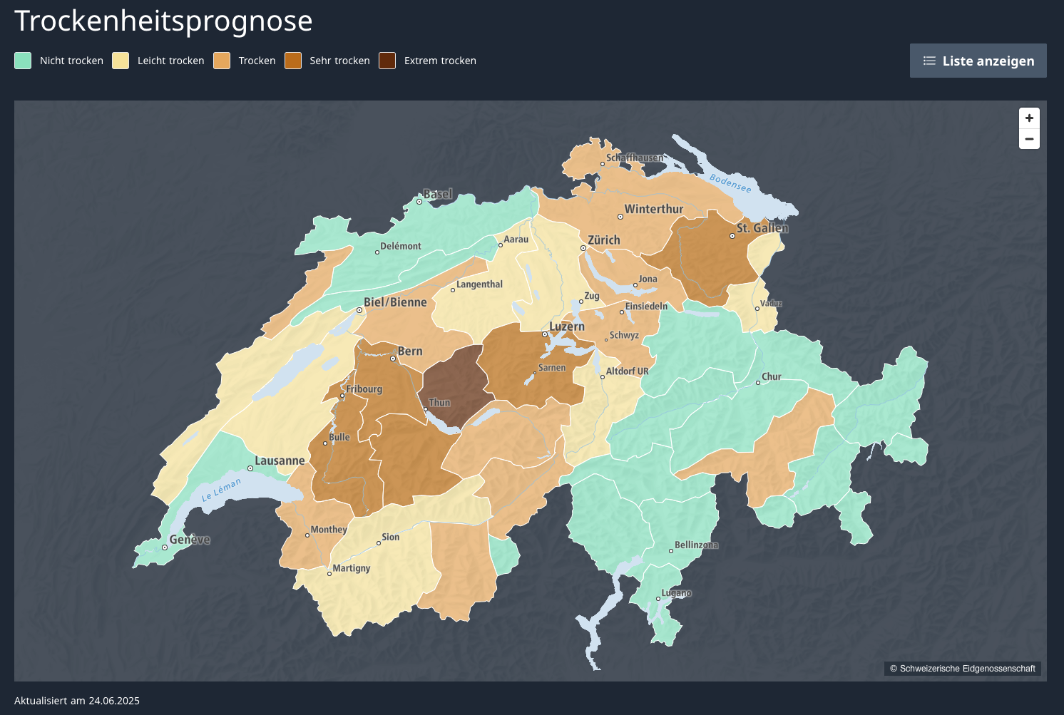 Quelle: https://www.trockenheit.admin.ch/de, aufgerufen am 25. Juni 2025 Trockenheitsprognose_2025-06-24